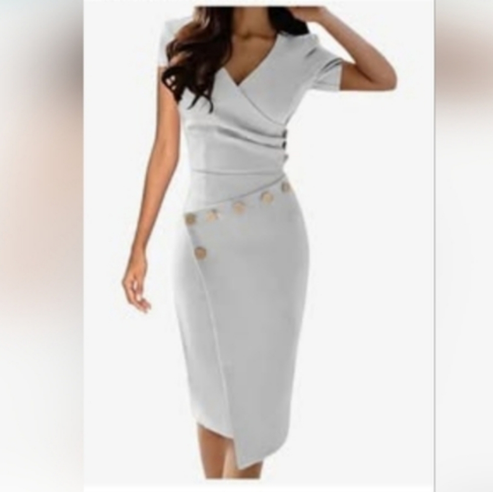 Llady White Long Sleeve Bodycon Midi dress with v neck w/Gold buttons - Picture 3 of 6